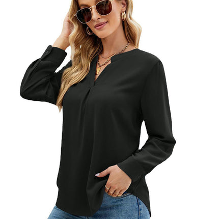 Women Casual Chiffon Blouse Tops Loose V Neck Long Sleeve Blouse