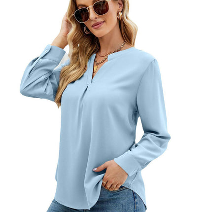 Women Casual Chiffon Blouse Tops Loose V Neck Long Sleeve Blouse