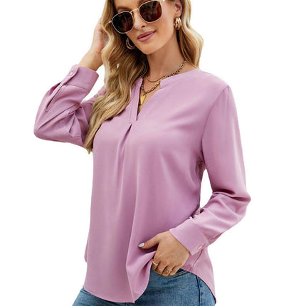 Women Casual Chiffon Blouse Tops Loose V Neck Long Sleeve Blouse