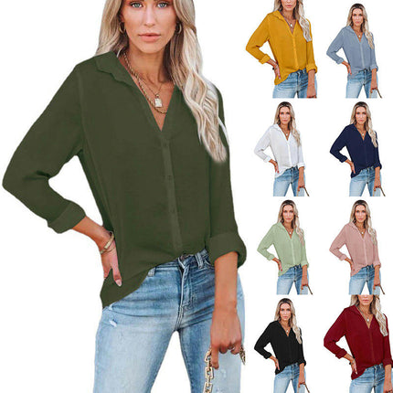 Women's Long Sleeve Button Down Shirt Blouse Loose Fit Casual V-Neck Tops