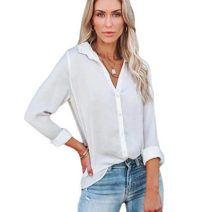 Women's Long Sleeve Button Down Shirt Blouse Loose Fit Casual V-Neck Tops