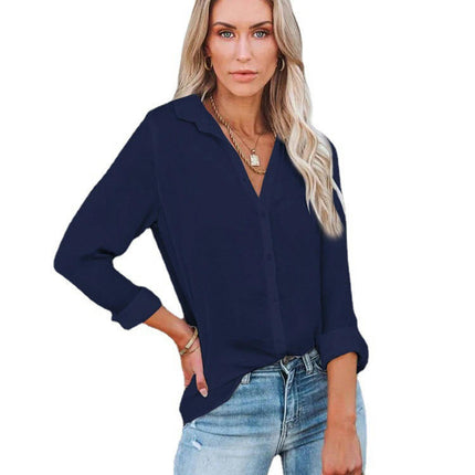 Women's Long Sleeve Button Down Shirt Blouse Loose Fit Casual V-Neck Tops