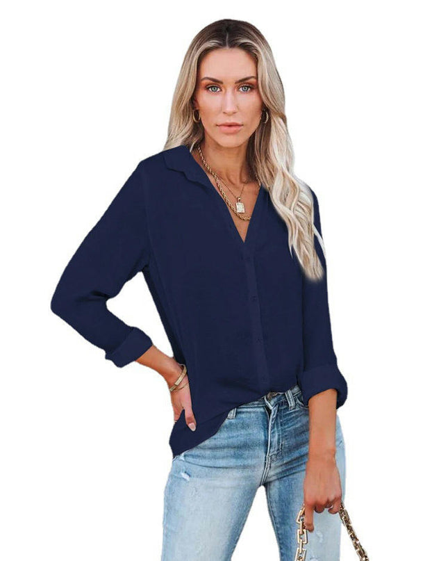 Women's Long Sleeve Button Down Shirt Blouse Loose Fit Casual V-Neck Tops