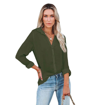 Women's Long Sleeve Button Down Shirt Blouse Loose Fit Casual V-Neck Tops