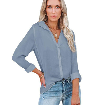 Women's Long Sleeve Button Down Shirt Blouse Loose Fit Casual V-Neck Tops