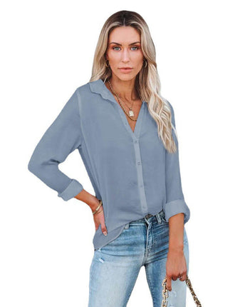 Women's Long Sleeve Button Down Shirt Blouse Loose Fit Casual V-Neck Tops