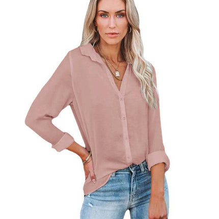 Women's Long Sleeve Button Down Shirt Blouse Loose Fit Casual V-Neck Tops