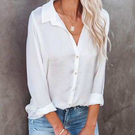 Women's Long Sleeve Button Down Shirt Blouse Loose Fit Casual V-Neck Tops