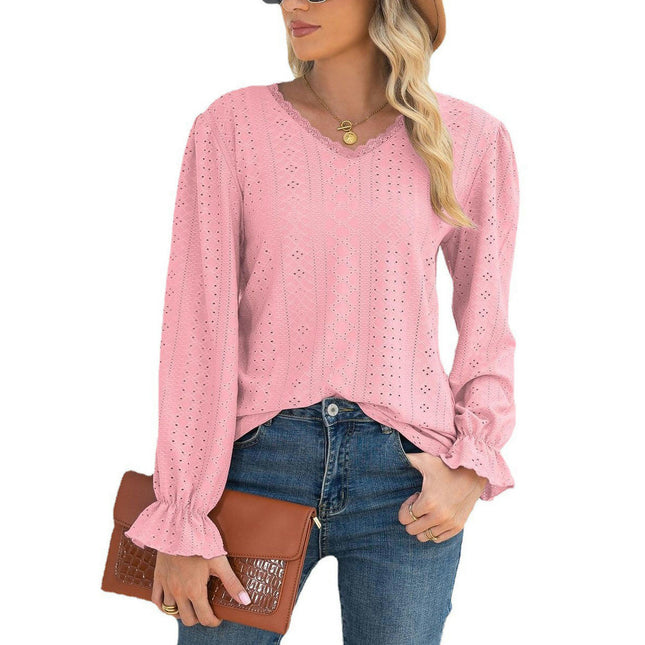 Women's Lace V Neck Puff Long Sleeve Eyelet Tops Casual Shirts Blouse