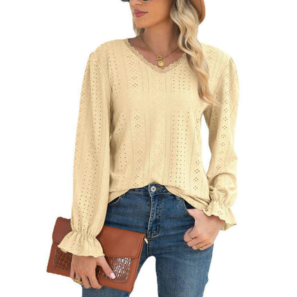 Women's Lace V Neck Puff Long Sleeve Eyelet Tops Casual Shirts Blouse