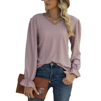 Women's Lace V Neck Puff Long Sleeve Eyelet Tops Casual Shirts Blouse