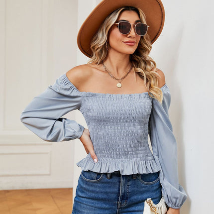 Blouses for Women Square Neck Puff Long Sleeve Tops Ruffle Smocked Tops