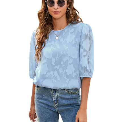 Women's Shirts Puff Short Sleeve Floral Tops Summer Loose Chiffon Blouse