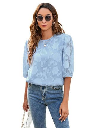 Women's Shirts Puff Short Sleeve Floral Tops Summer Loose Chiffon Blouse