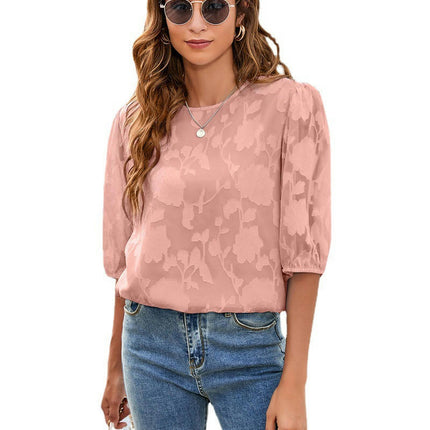 Women's Shirts Puff Short Sleeve Floral Tops Summer Loose Chiffon Blouse