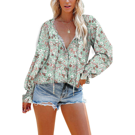 Women's Casual Floral  V Neck Tops Long Sleeve T Shirt Blouses