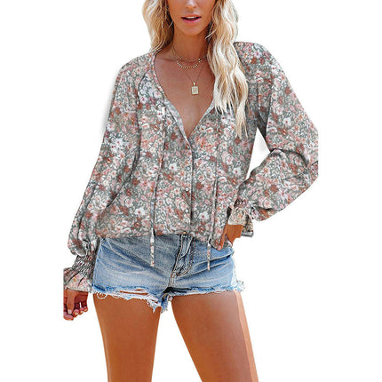 Women's Casual Floral  V Neck Tops Long Sleeve T Shirt Blouses