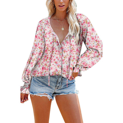 Women's Casual Floral  V Neck Tops Long Sleeve T Shirt Blouses