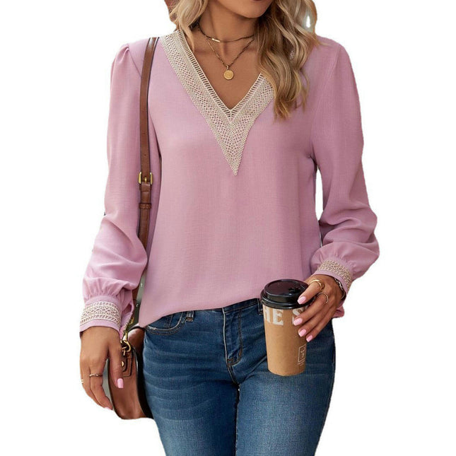 Women's Casual Lace V Neck T Shirts Smocked Puff Long Sleeve Tops Loose Tunic Blouses