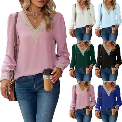 Women's Casual Lace V Neck T Shirts Smocked Puff Long Sleeve Tops Loose Tunic Blouses