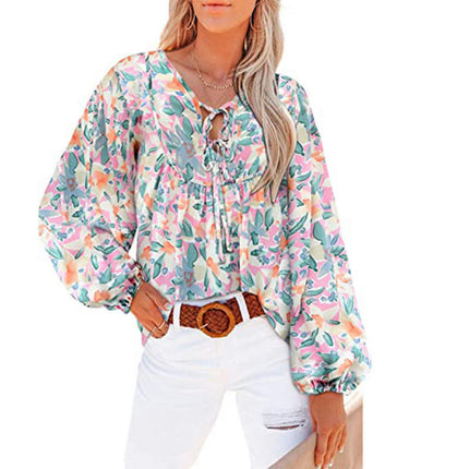 Women's Floral Tunic Blouse V Neck Long Sleeve Babydoll Ruffle Tops