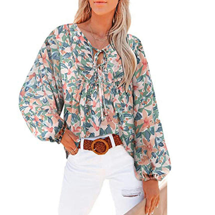 Women's Floral Tunic Blouse V Neck Long Sleeve Babydoll Ruffle Tops