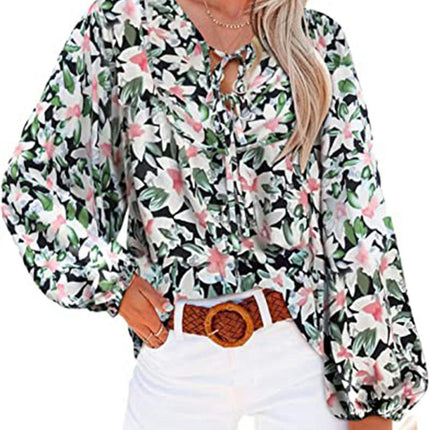 Women's Floral Tunic Blouse V Neck Long Sleeve Babydoll Ruffle Tops