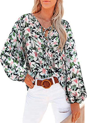 Women's Floral Tunic Blouse V Neck Long Sleeve Babydoll Ruffle Tops