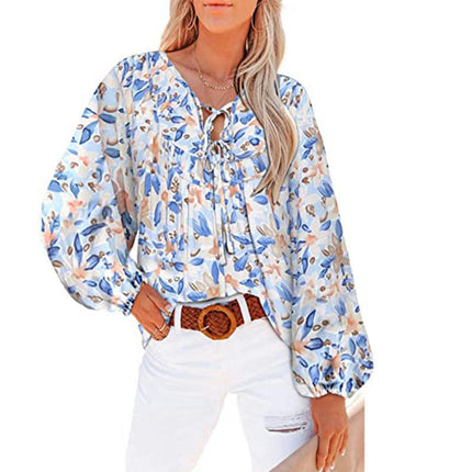 Women's Floral Tunic Blouse V Neck Long Sleeve Babydoll Ruffle Tops