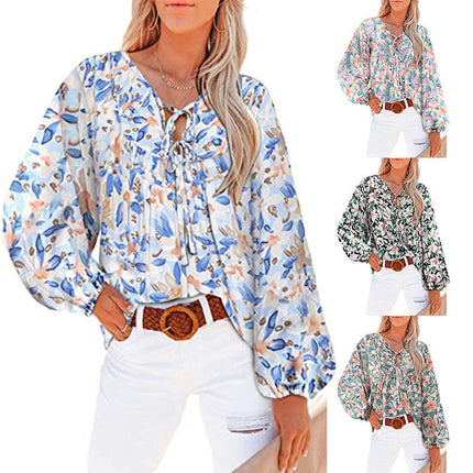 Women's Floral Tunic Blouse V Neck Long Sleeve Babydoll Ruffle Tops