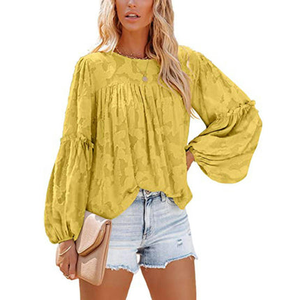 Women's Summer Crewneck Long Sleeve Loose Tops Lace Blouse Shirt