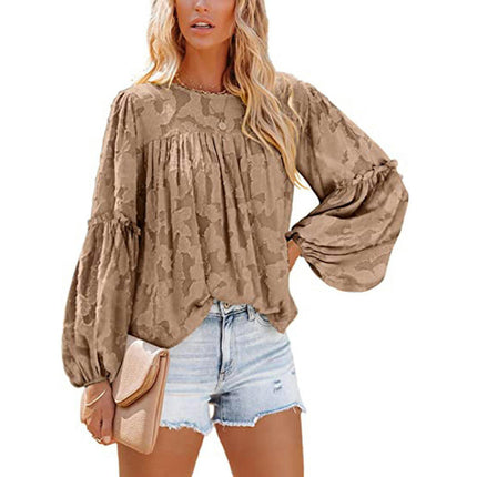 Women's Summer Crewneck Long Sleeve Loose Tops Lace Blouse Shirt