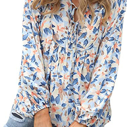 Women's Floral Tunic Blouse V Neck Long Sleeve Babydoll Ruffle Tops