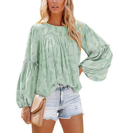 Women's Summer Crewneck Long Sleeve Loose Tops Lace Blouse Shirt