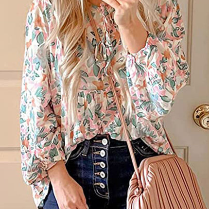 Women's Floral Tunic Blouse V Neck Long Sleeve Babydoll Ruffle Tops