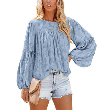 Women's Summer Crewneck Long Sleeve Loose Tops Lace Blouse Shirt