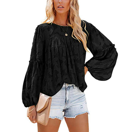 Women's Summer Crewneck Long Sleeve Loose Tops Lace Blouse Shirt