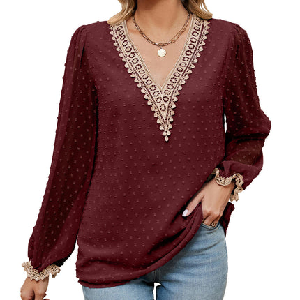 Women's Long Sleeve Lace Tops V Neck Chiffon Shirts Flowy Tunic