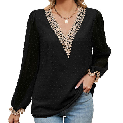 Women's Long Sleeve Lace Tops V Neck Chiffon Shirts Flowy Tunic