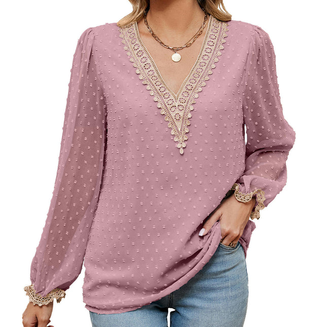 Women's Long Sleeve Lace Tops V Neck Chiffon Shirts Flowy Tunic