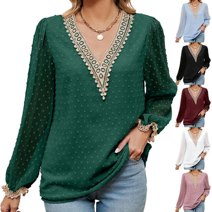 Women's Long Sleeve Lace Tops V Neck Chiffon Shirts Flowy Tunic