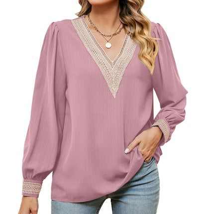 Women's Chiffon Puff Long Sleeve Lace Tops V Neck Shirts Tunic