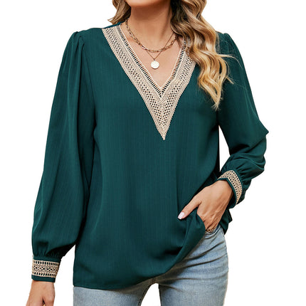 Women's Chiffon Puff Long Sleeve Lace Tops V Neck Shirts Tunic