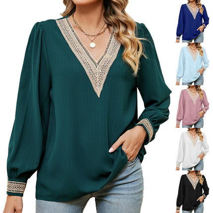 Women's Chiffon Puff Long Sleeve Lace Tops V Neck Shirts Tunic