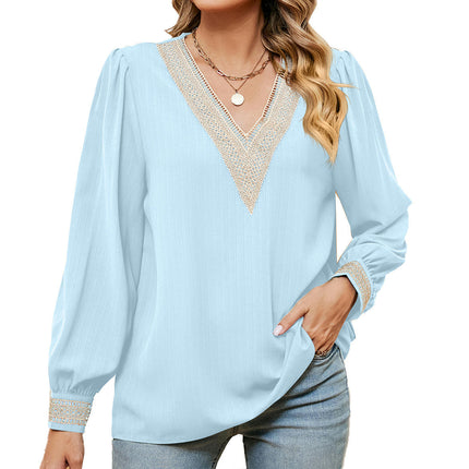 Women's Chiffon Puff Long Sleeve Lace Tops V Neck Shirts Tunic