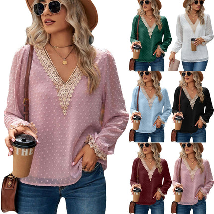 Lace Long Sleeve Tops for Women T Shirts Casual Blouses V Neck Shirts