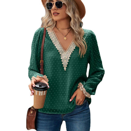 Lace Long Sleeve Tops for Women T Shirts Casual Blouses V Neck Shirts