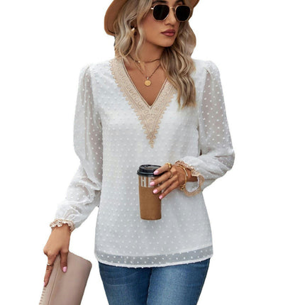 Lace Long Sleeve Tops for Women T Shirts Casual Blouses V Neck Shirts