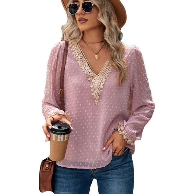 Lace Long Sleeve Tops for Women T Shirts Casual Blouses V Neck Shirts