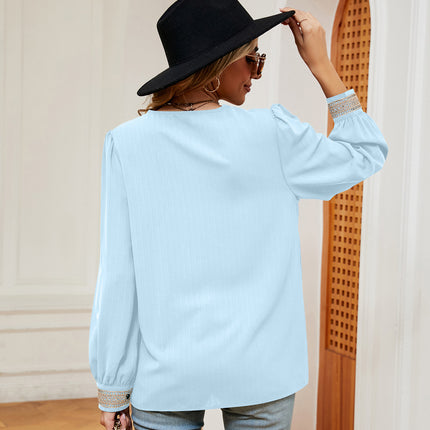 Women's Chiffon Puff Long Sleeve Lace Tops V Neck Shirts Tunic